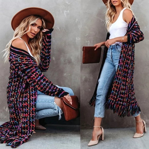 ☆Bohemian Vintage Black Multi Colored Tassel Knit Womens Cardigan☆ - Picture 2 of 3